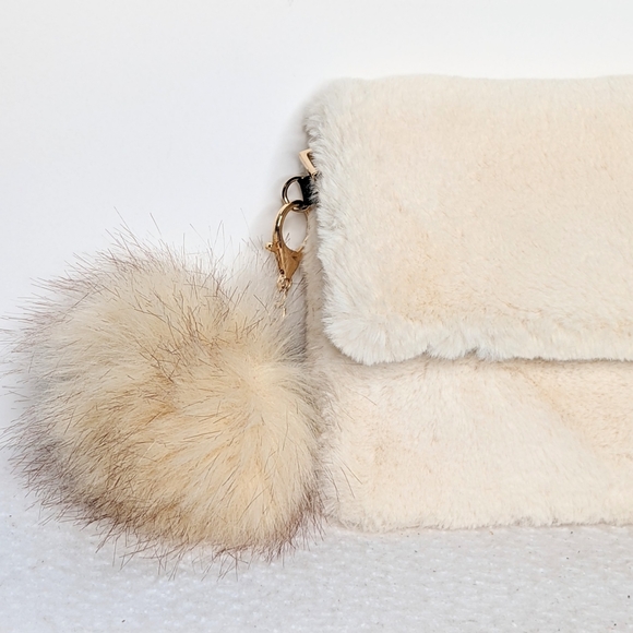 Faux Fur Crossbody Bag With Pom Detachable Gold Crossbody Chain Off White - Picture 7 of 13